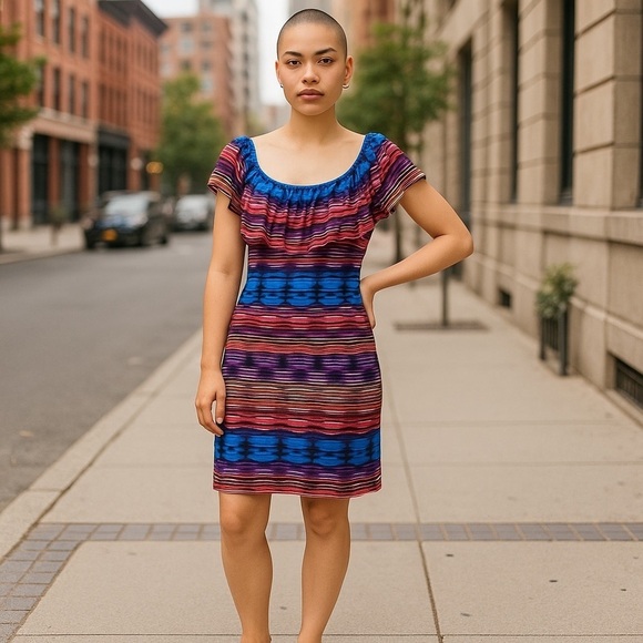 Maggy London Dresses & Skirts - Maggy London Size 4 slimming Dress Ruffles Blue Purple Yellow Magenta Colors